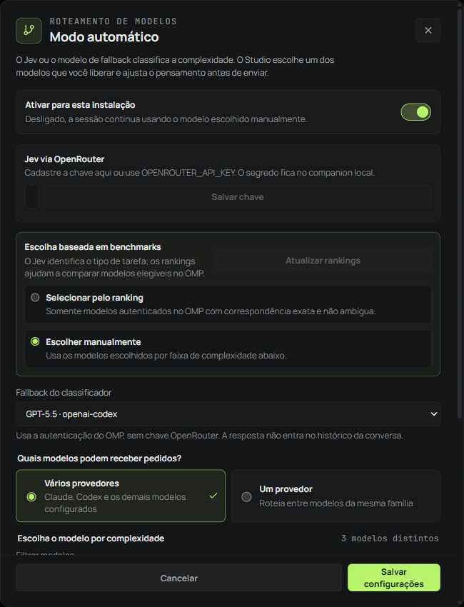 Configurações reais do roteamento automático com Jev, fallback, modelos por complexidade e escopo de provedores